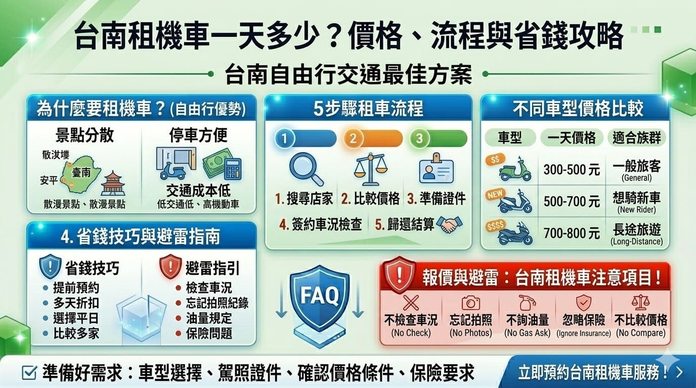 規劃台南自由行時，台南租機車一天多少錢是旅客最關心的預算重點。一般而言，台南租車價格依車型新舊大約落在 300 元至 800 元之間，機動性高且停車方便，是探索安平或國華街美食的最佳方式。了解台南租機車一天多少後，建議租車前務必準備好駕照，並詳細檢查車況拍照存證，選擇評價優良的店家，才能確保旅程既省錢又安心，輕鬆享受府城的慢活時光。