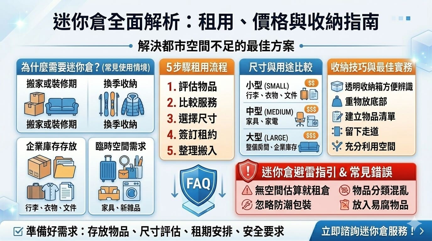 迷你倉是現代都市生活中解決空間不足的最佳方案，無論是個人家庭換季收納、搬家裝修暫存，或是企業存放庫存文件，都能提供極具彈性的儲物選擇。透過租用不同尺寸的迷你倉，使用者能以低負擔的成本換取高品質的居住與辦公空間。合法優質的倉儲空間通常具備24小時監控、恆溫除濕與自助進出功能，確保物品存放安全無虞。現在就開始規劃您的儲物需求，讓生活與工作環境重獲清爽與秩序。