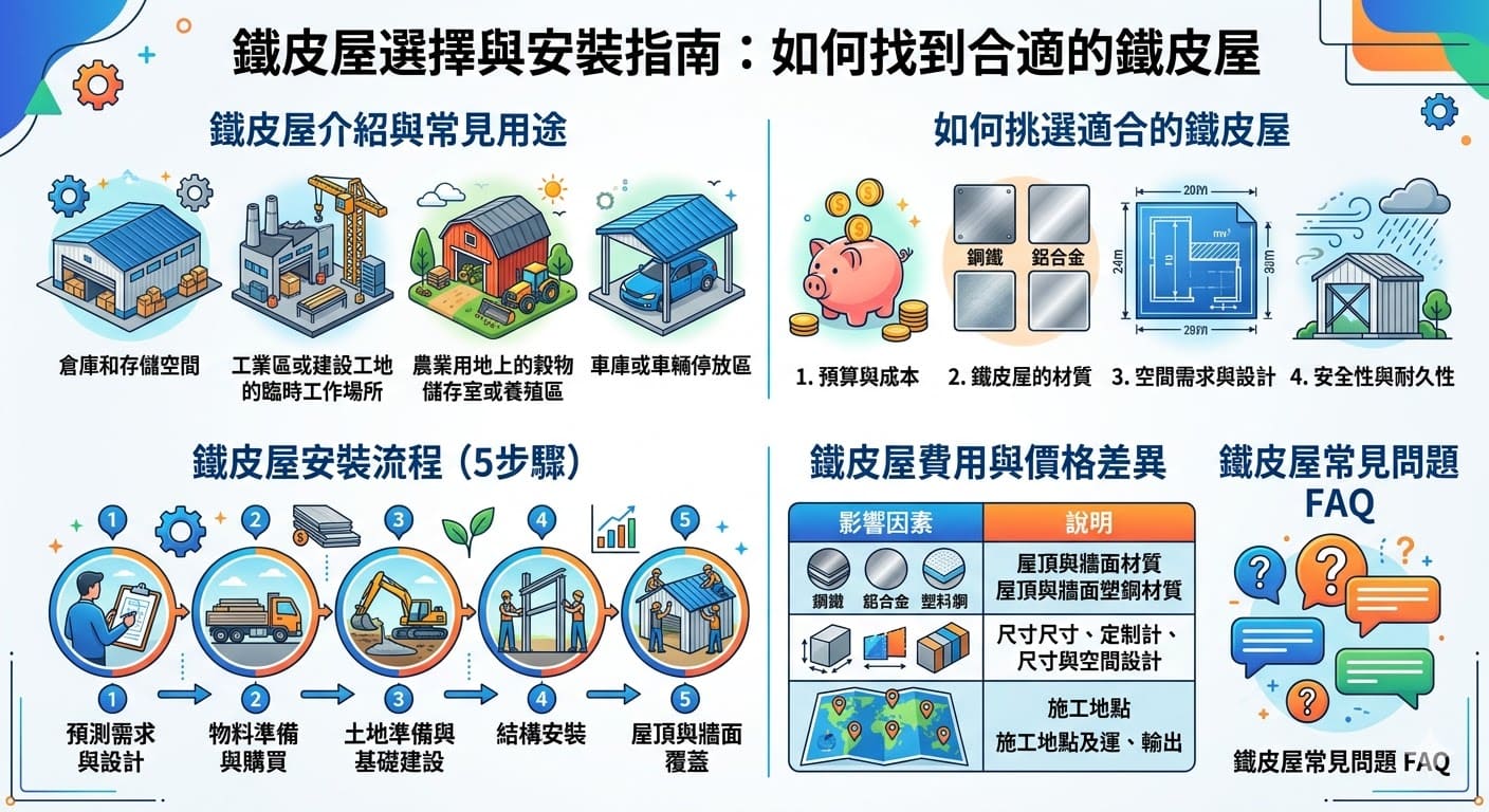 鐵皮屋是一種常用於倉庫、車庫與工作場所的結構，具有成本效益和耐用性。它的結構簡單，安裝迅速，成為建築與擴建工程中的理想選擇。本文將介紹如何選擇適合的鐵皮屋，包括材質、尺寸與設計的考量，並且詳細解析安裝流程及價格影響因素。若你正在考慮安裝鐵皮屋，這篇文章將幫助你做出明智的決策，滿足功能需求且不超出預算。