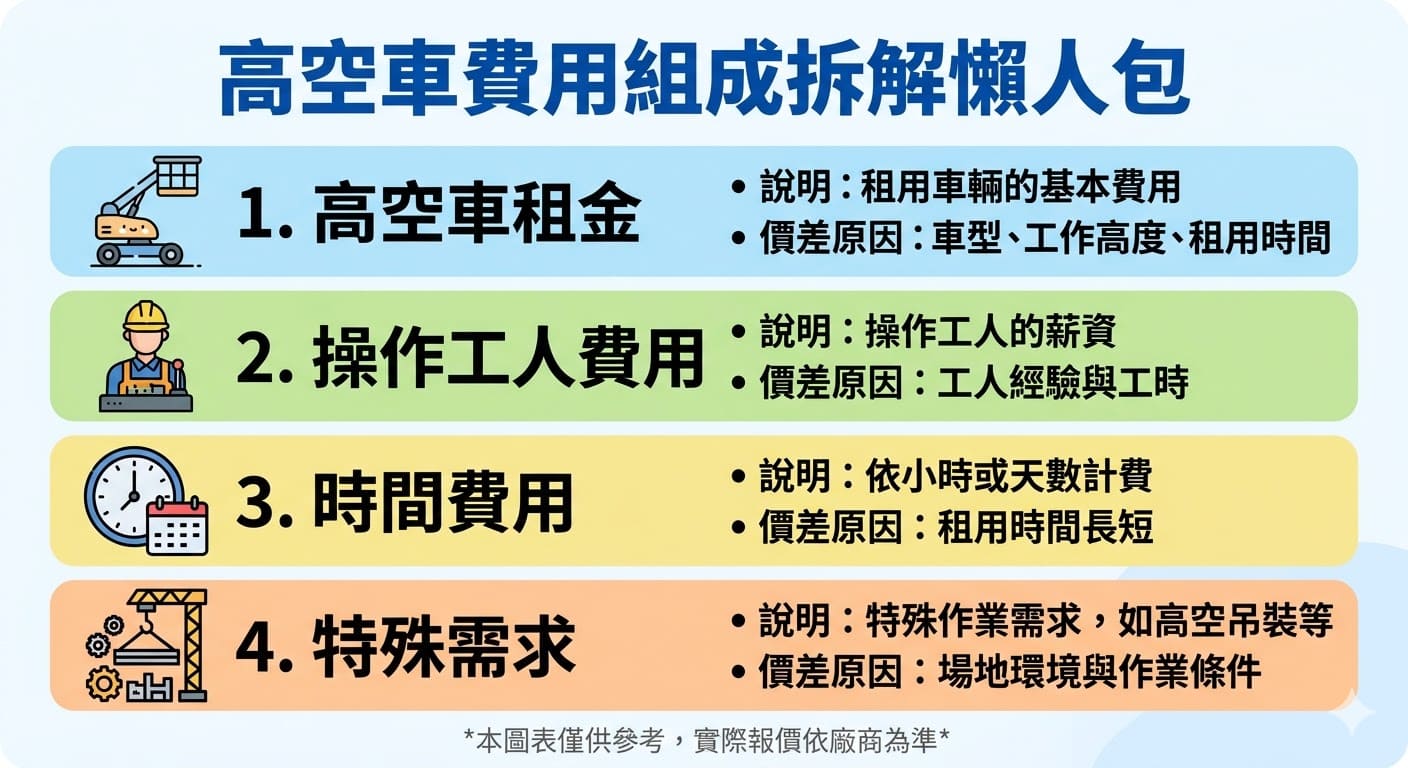 當你需要高空車服務時，了解高空車費用的組成與報價邏輯至關重要。文章詳細介紹了高空車的費用組成、影響報價的因素，並提供了三種預算情境建議，幫助消費者選擇最適合的方案。無論是高空車的租用時間、車型選擇，還是特殊需求，都會直接影響最終費用。